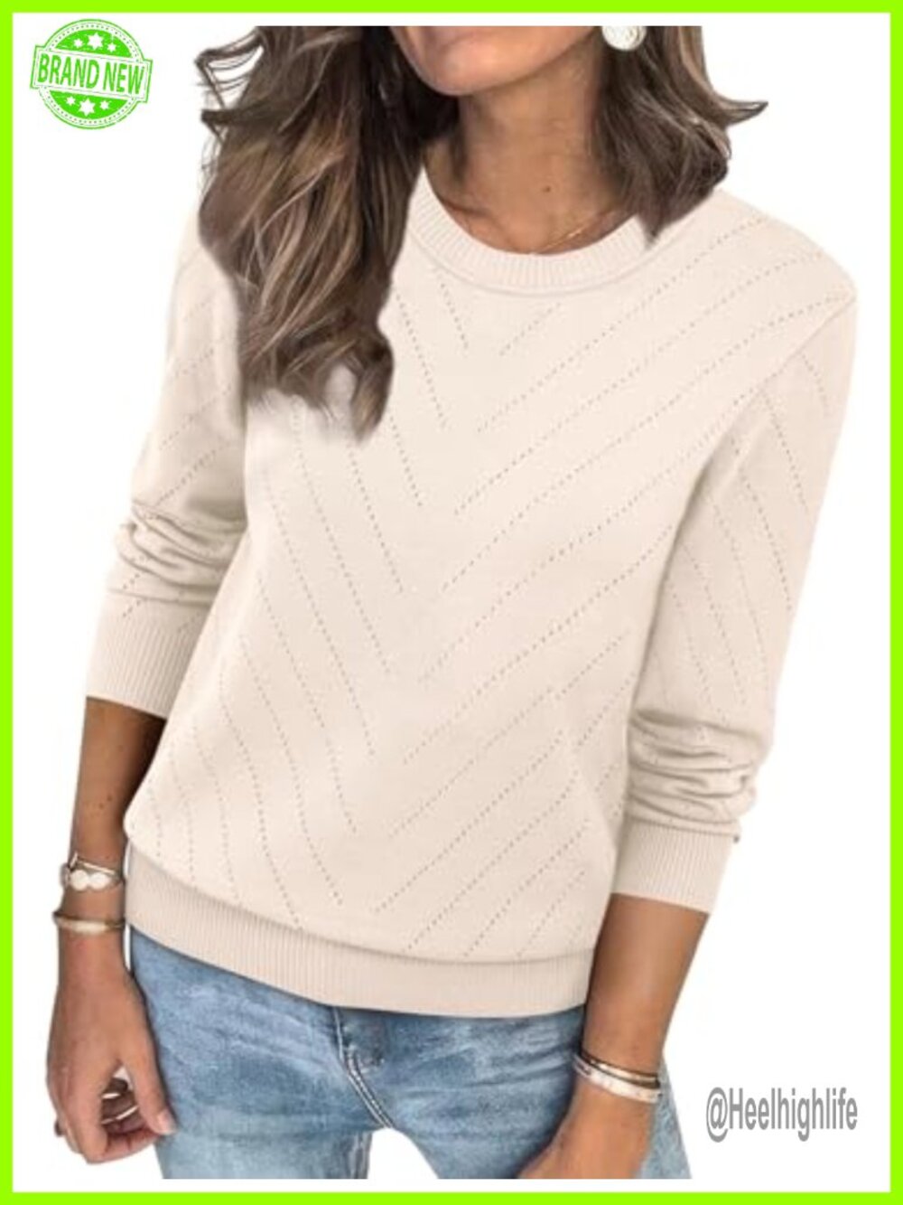 Women's Crew Neck Eyelet Knit Long Sleeve Pullover Sweater Casual